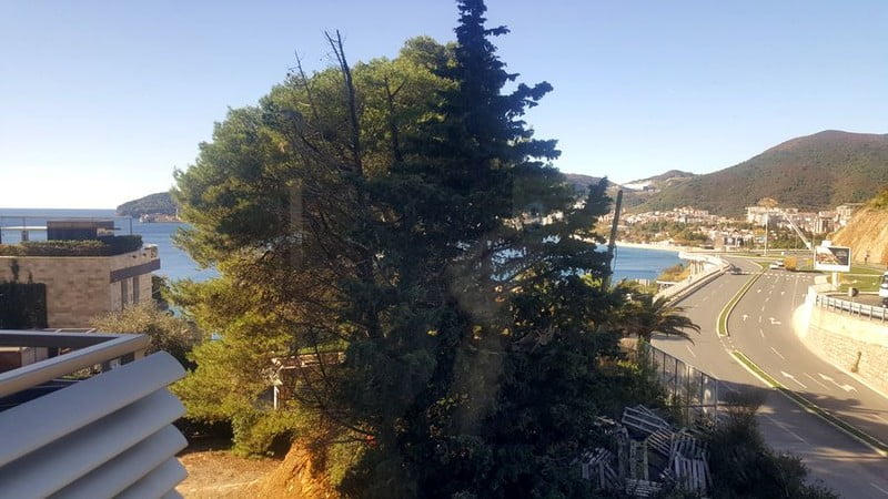 View from the apartment balcony in Bečići, Montenegro: a panorama of the sea, mountains, coniferous trees, and the coastal road.