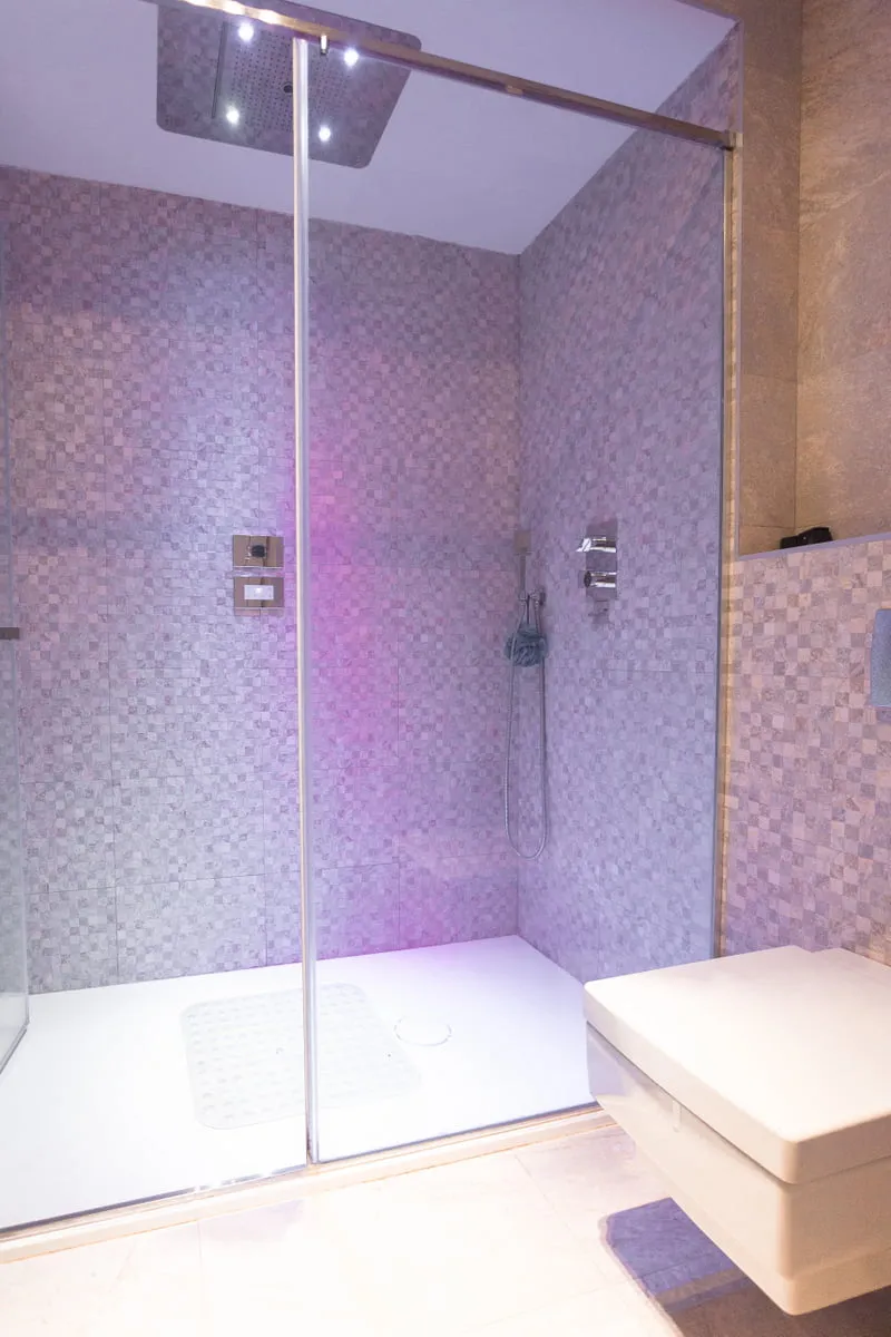 Bathroom featuring a mosaic-tiled shower with glass door, ceiling rain head, and wall-mounted toilet.