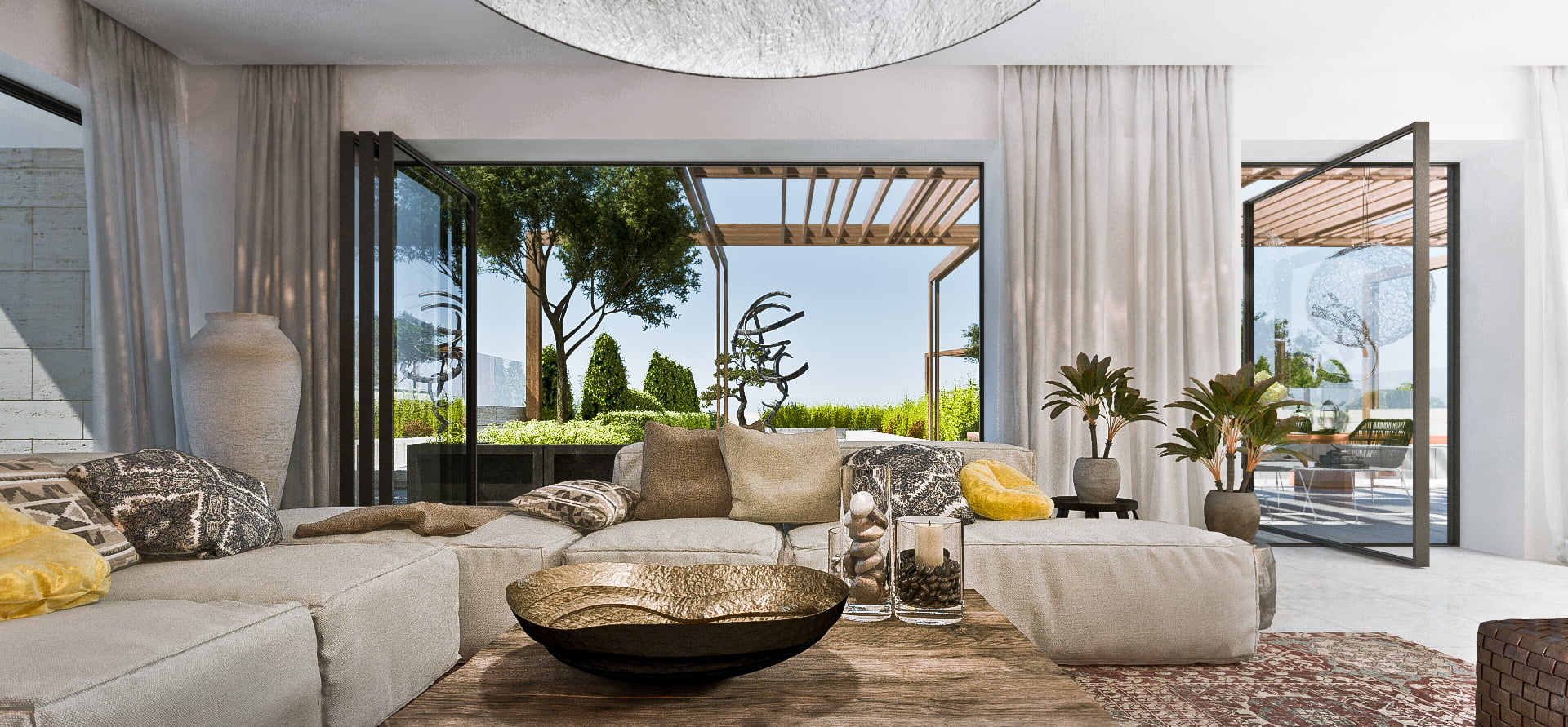 Modern living room with panoramic windows and a terrace in a premium residential complex in Kotor, Montenegro.