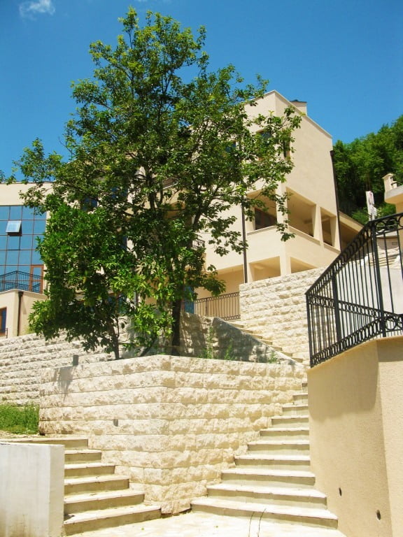 Modern residential complex in Igalo, Montenegro: stone staircase, terraces, and a green tree by the building facade.