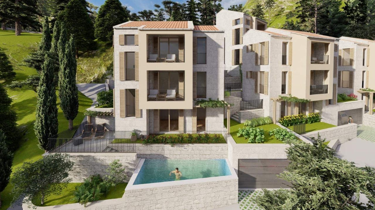 Modern villa with a pool and terraces in Kamenovo, Montenegro: a luxury real estate project in the mountains.