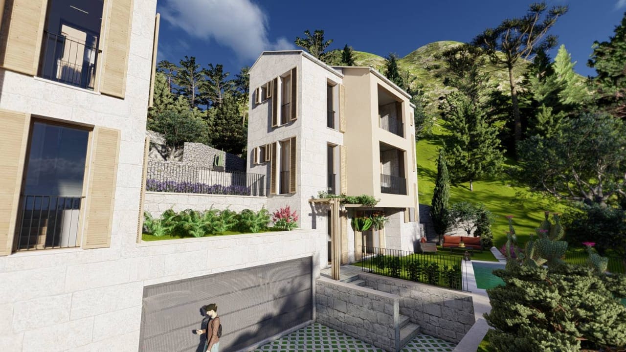 Modern villa with a pool and terrace in Kamenovo, Montenegro: house project surrounded by mountains and greenery.