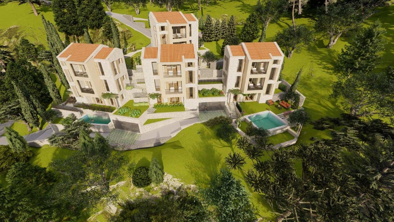 Visualization of a Mediterranean-style villa project with pools and terraces in Kamenovo, Montenegro.