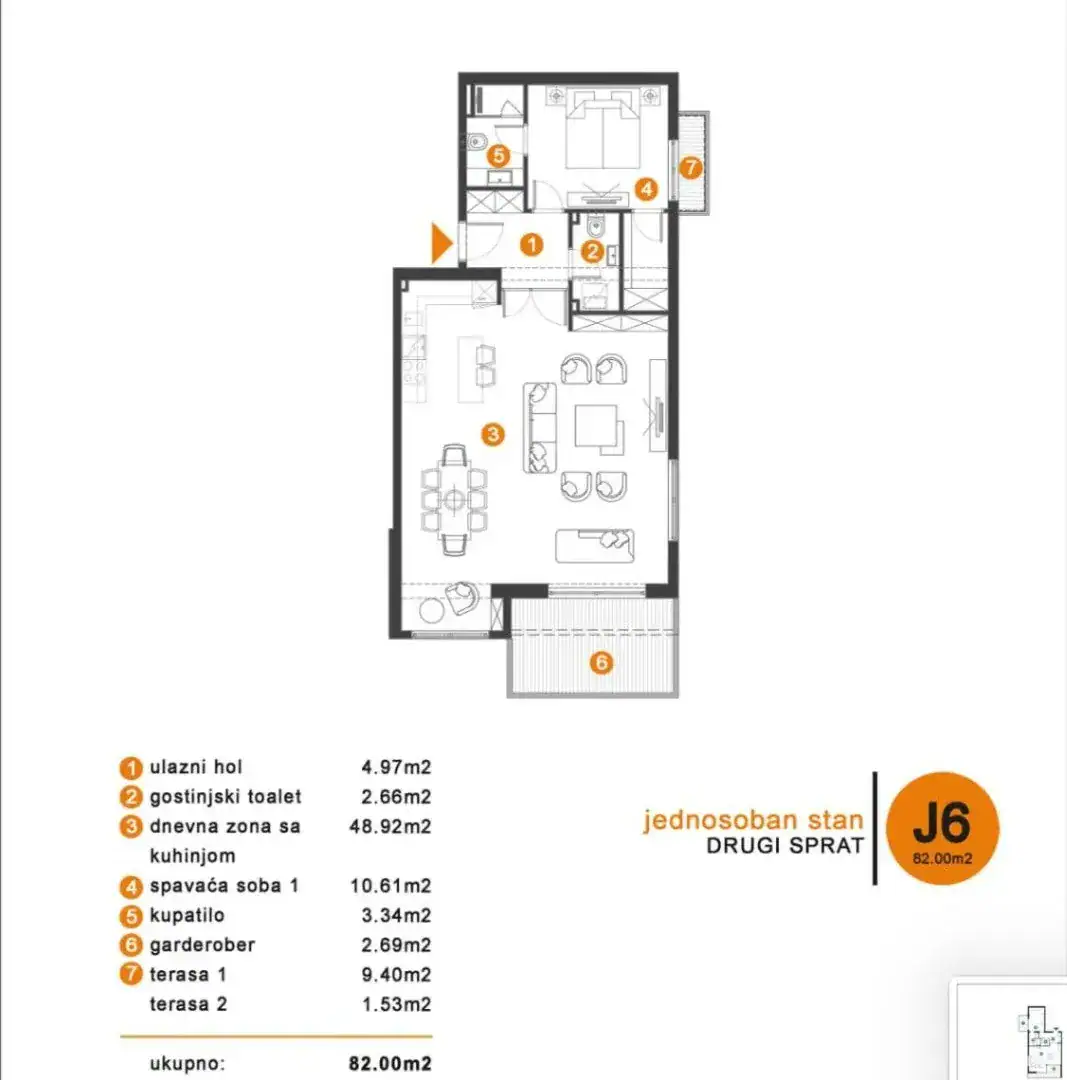 Floor plan of an 82 m² apartment with a living room and terrace in a residential complex in Tivat, Montenegro. One-bedroom layout.