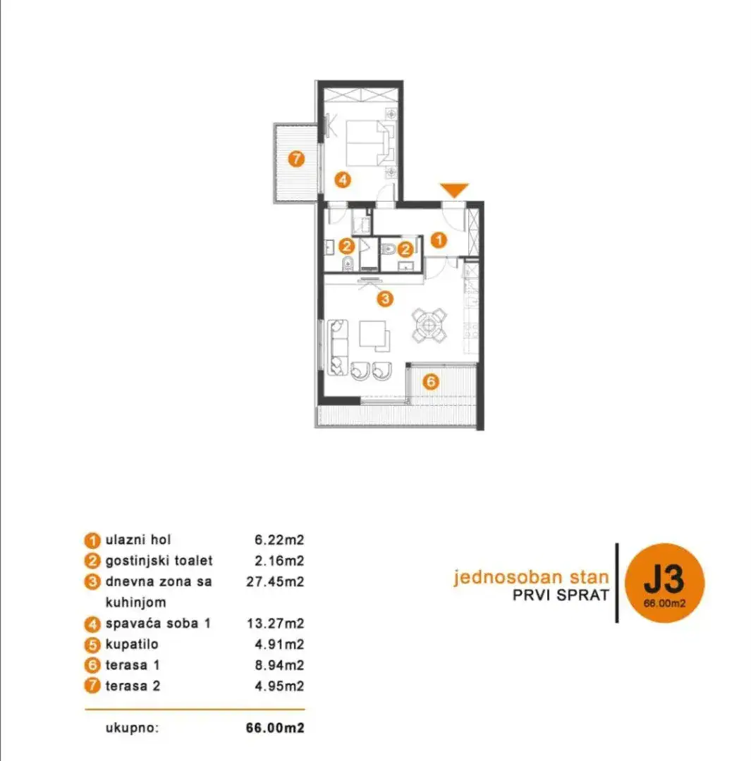 Floor plan of a 66 m² apartment with one bedroom and two terraces in a residential complex, Tivat, Montenegro.