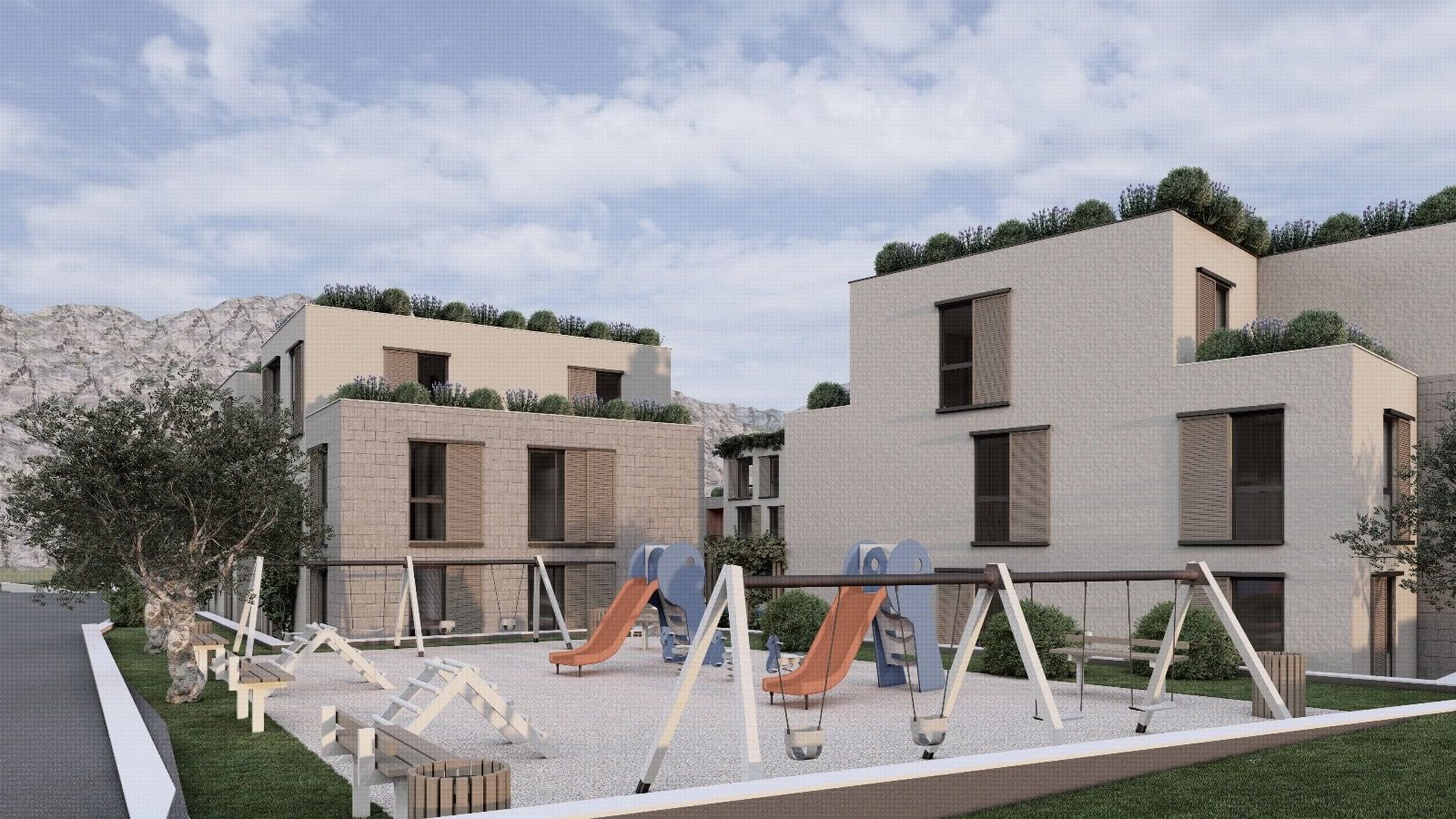 Modern residential complex in Radanovici, Montenegro: playground, rooftop greenery, and mountain scenery.