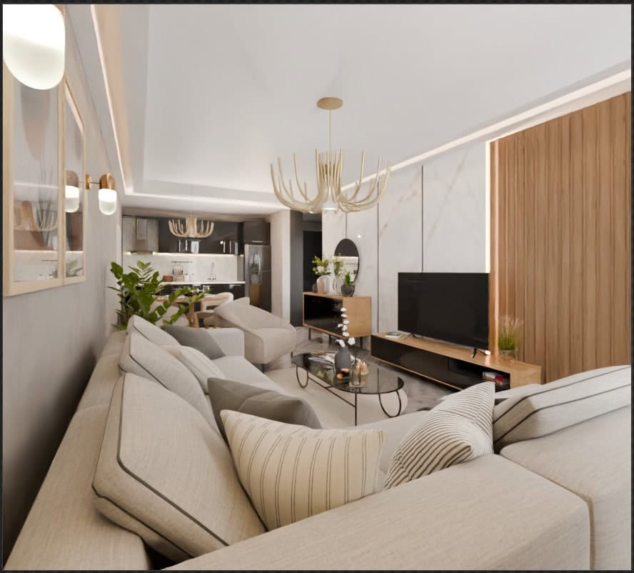Modern living room with a designer chandelier and soft furniture in a residential complex in Radanovići, Montenegro: interior with wood finishes