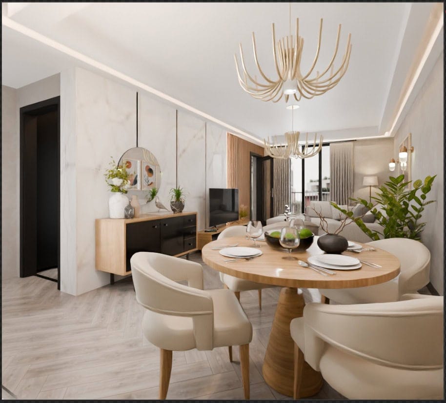 Modern living room with dining area in Radanovichi residential complex, Montenegro: designer furniture, marble finishes, and decor.