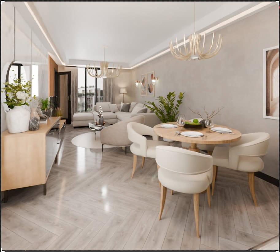 Modern living room with dining area in Radanovichi residential complex, Montenegro: light furniture, herringbone parquet, and stylish decor.