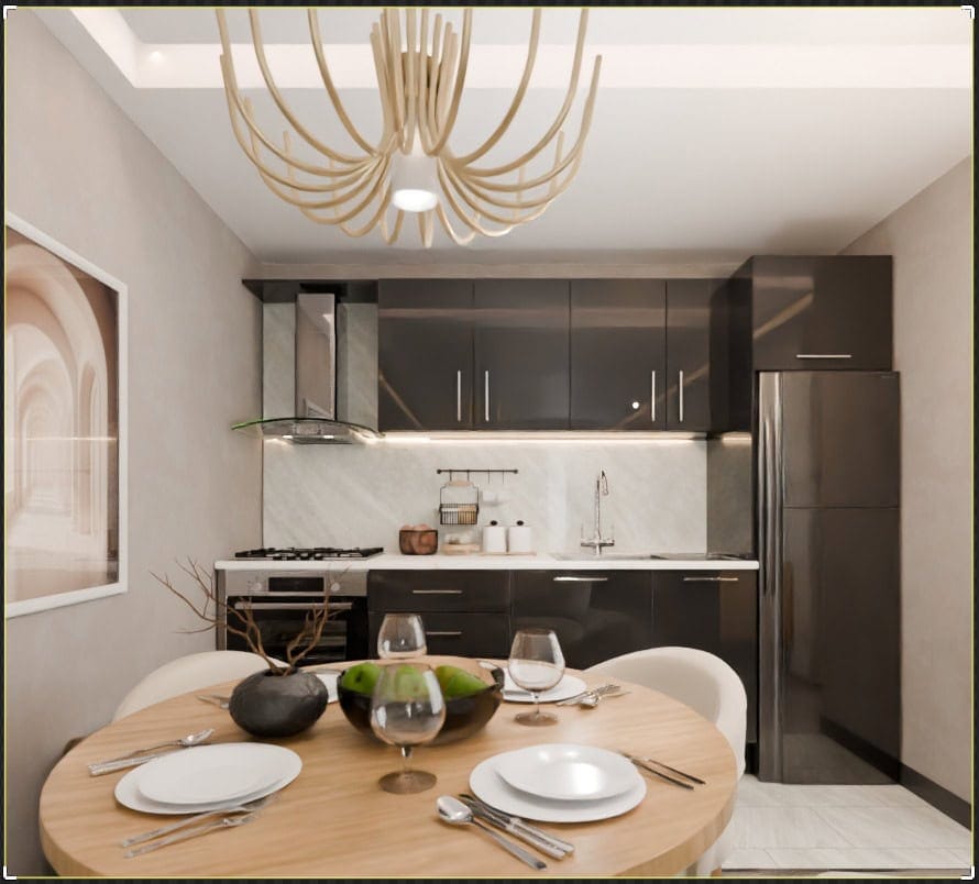 Modern kitchen with dark cabinetry and dining area in the Radanovici residential complex, Montenegro. Designer apartment interior.