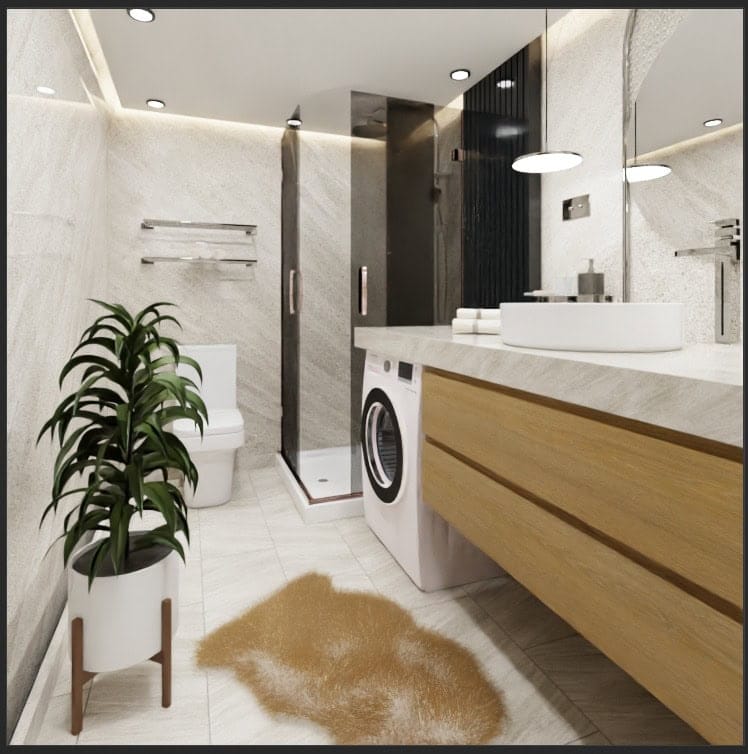 Modern bathroom with a shower cabin and washing machine in the Radanovici residential complex, Montenegro. Bright interior.