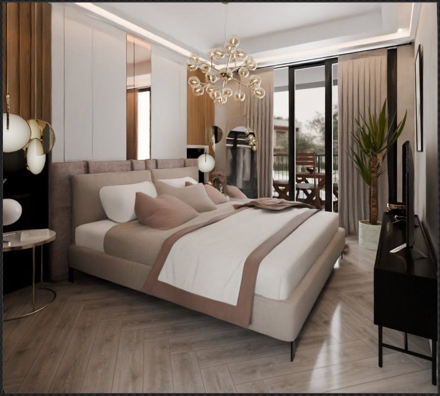 Modern bedroom with a double bed in Radanovici Residential Complex, Montenegro: stylish interior, parquet flooring, and access to the terrace.