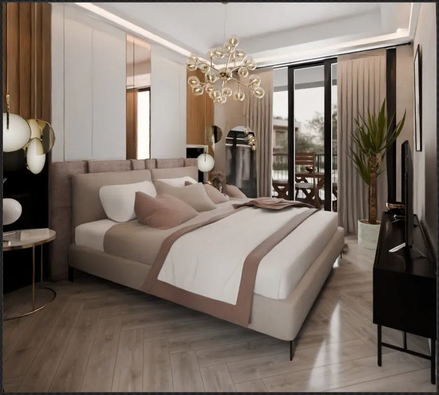 Modern bedroom featuring a large bed, globe chandelier, and sliding glass door to a balcony.