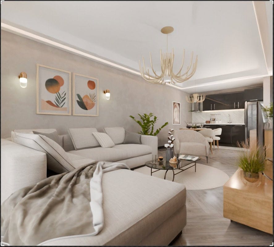 Modern living room with a beige sofa and kitchen in the Radanovici residential complex, Montenegro: stylish interior, designer chandelier.