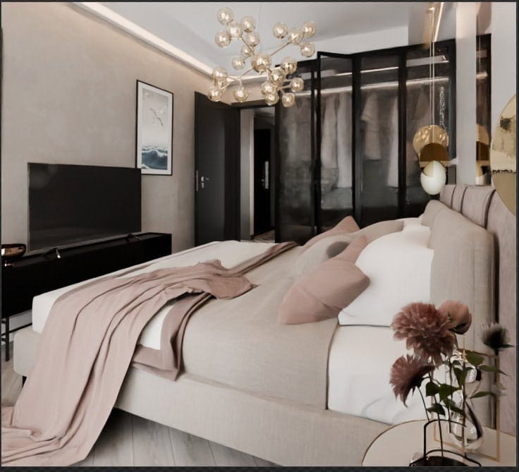 Modern bedroom in Radanovici residential complex, Montenegro: double bed, glass wardrobe, and designer chandelier.