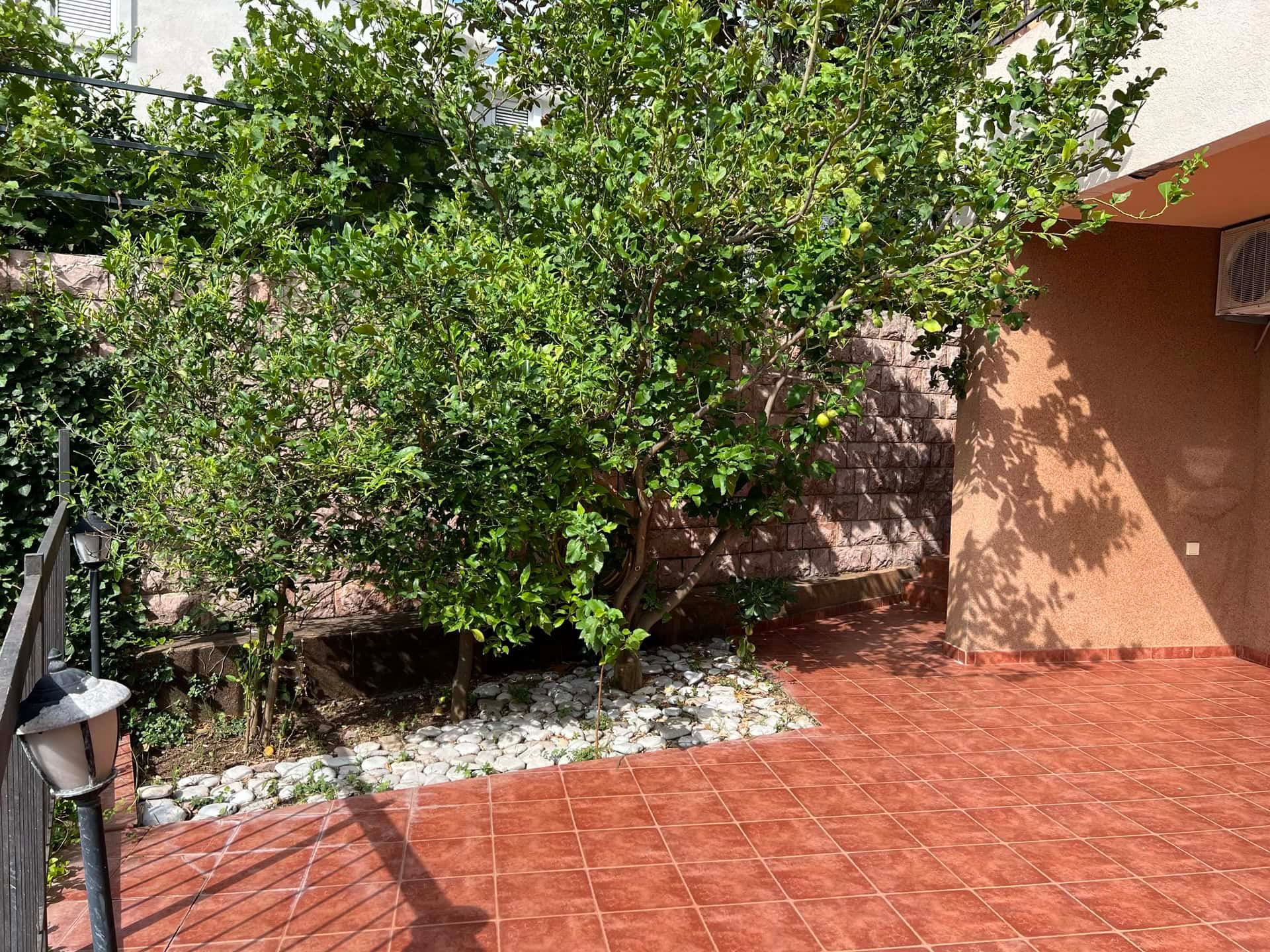 Cozy terrace with a lemon tree and stonework by a duplex in Petrovac, Montenegro. Landscape design of the yard.