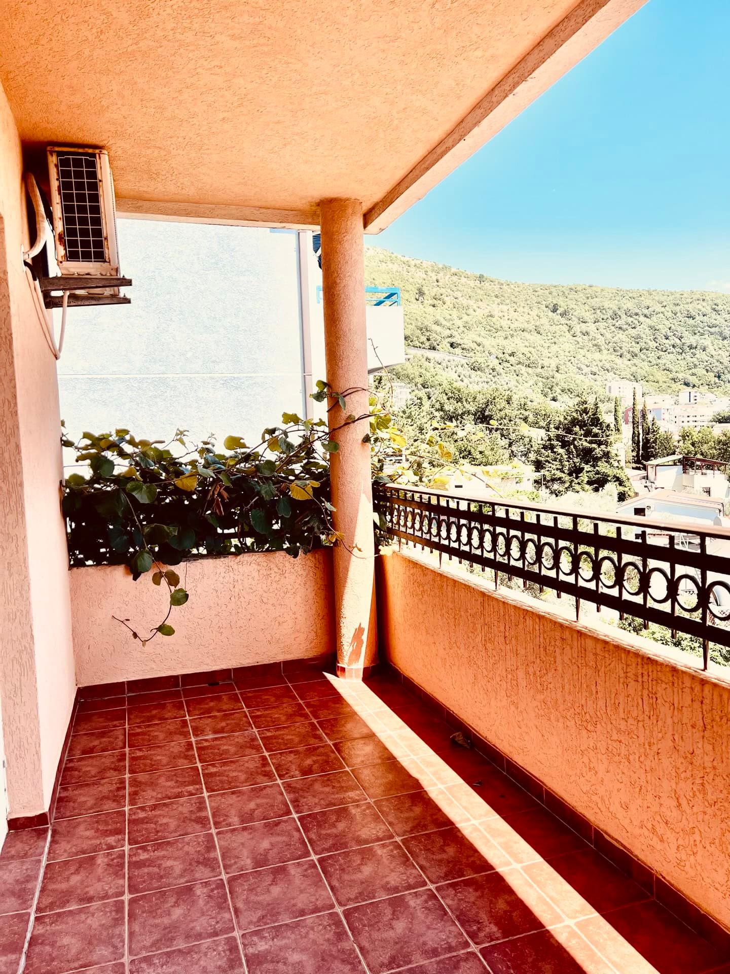 Spacious balcony with mountain views in an apartment in Petrovac, Montenegro: tiled floor, wrought-iron railing, and greenery.