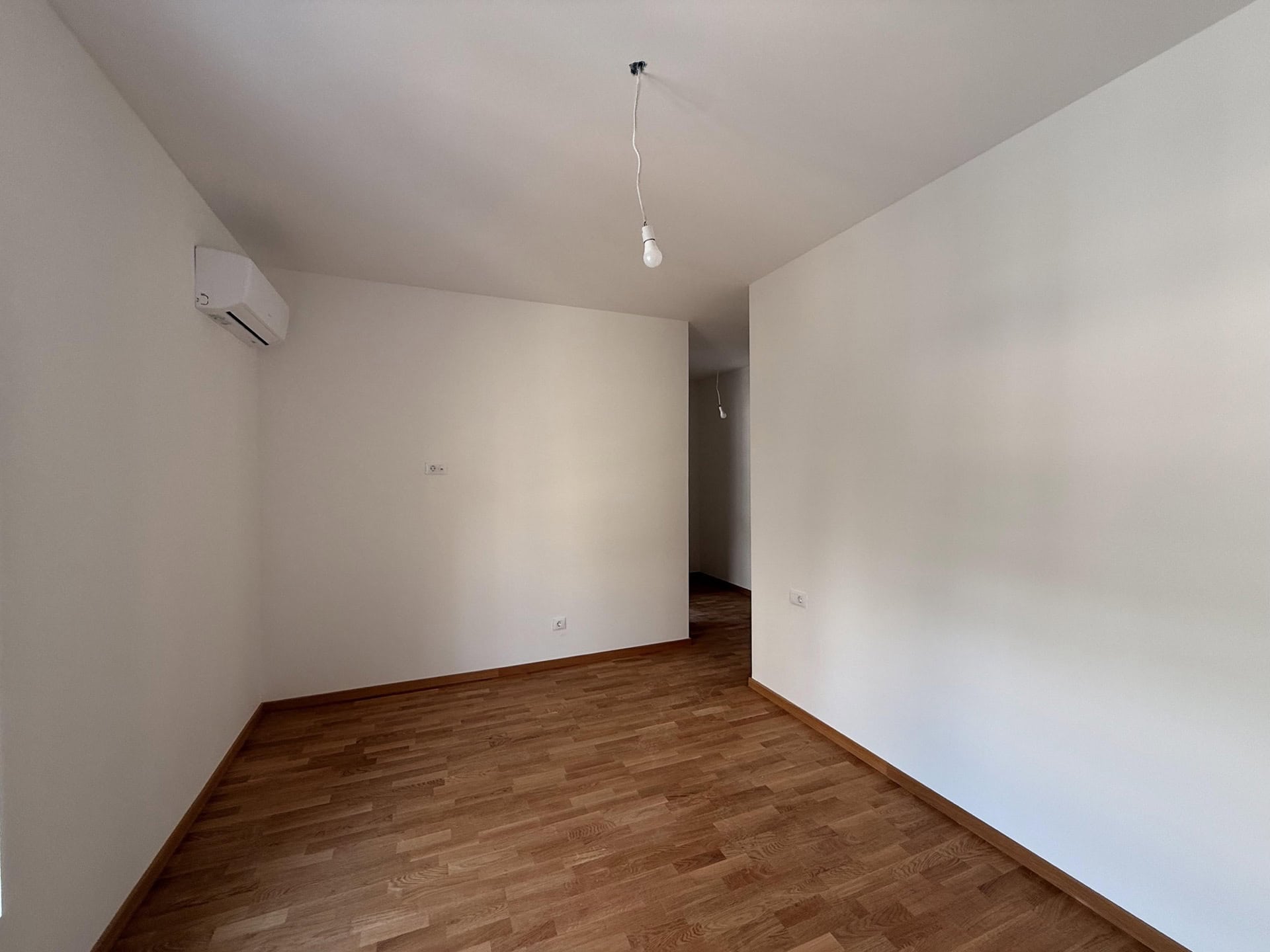 Bright living room in an apartment in Bečići, Montenegro: white walls, parquet flooring, air conditioning, and lighting.