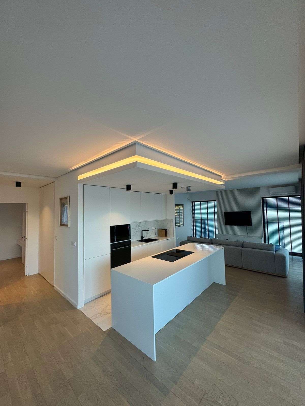 Modern kitchen-living room with an island in an apartment, Budva, Montenegro: bright interior, built-in appliances, and lighting.