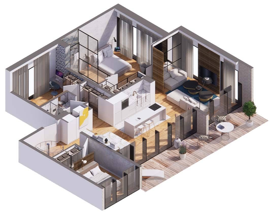 3D floor plan of a modern apartment in Budva, Montenegro: kitchen-living room, two bedrooms, terrace, and stylish interior.