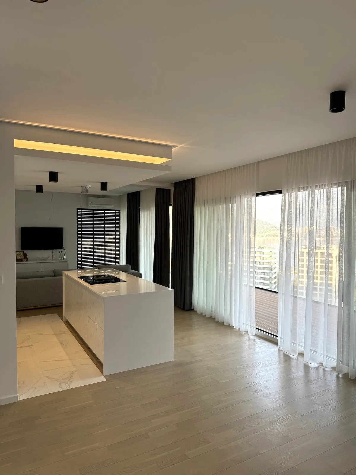 Open plan space featuring a white kitchen island with a cooktop and a living area with a sofa and TV.