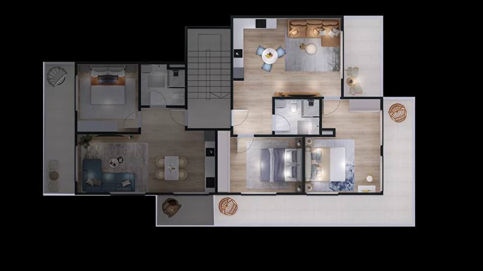 Apartment layout in Tivat, Montenegro: 3 bedrooms, a spacious living room, kitchen, and furnished terraces.