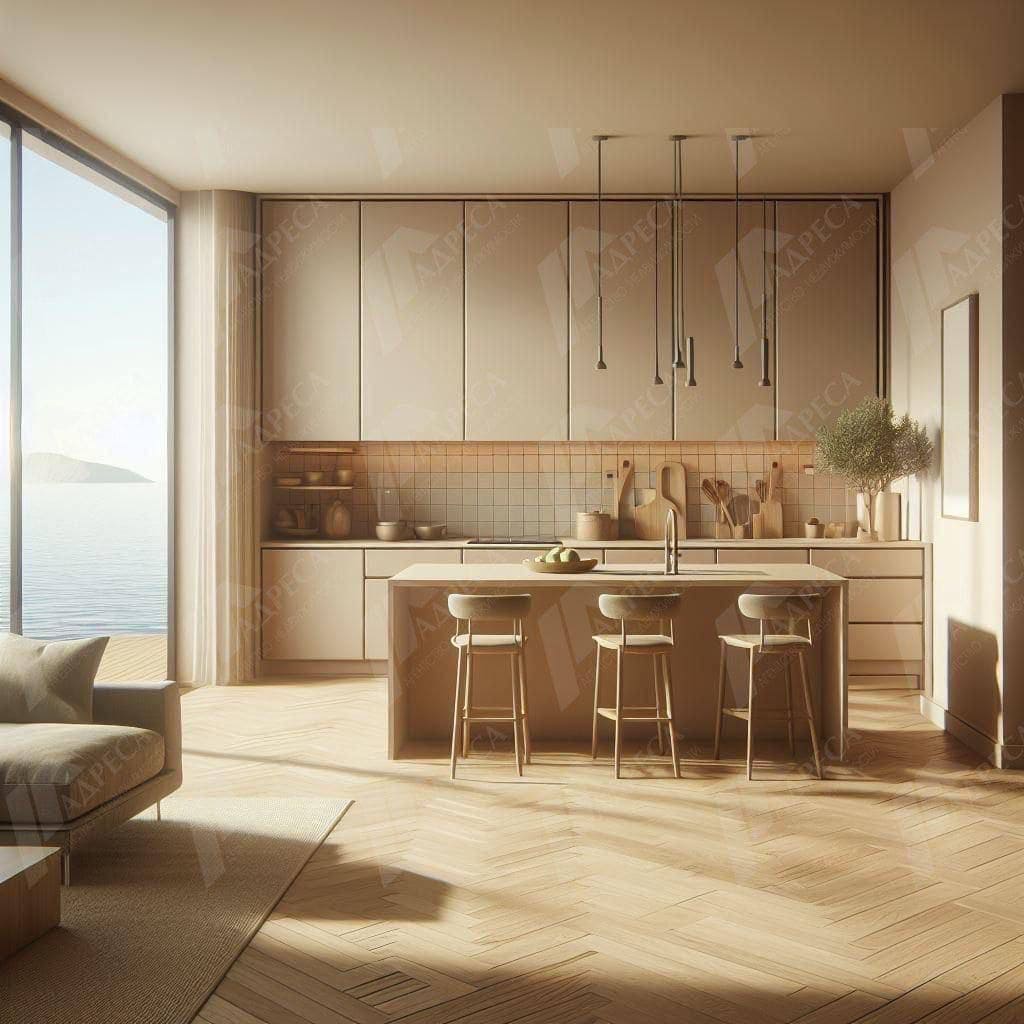 Modern kitchen with an island in an apartment in Tivat, Montenegro, with panoramic sea views and a bright interior.
