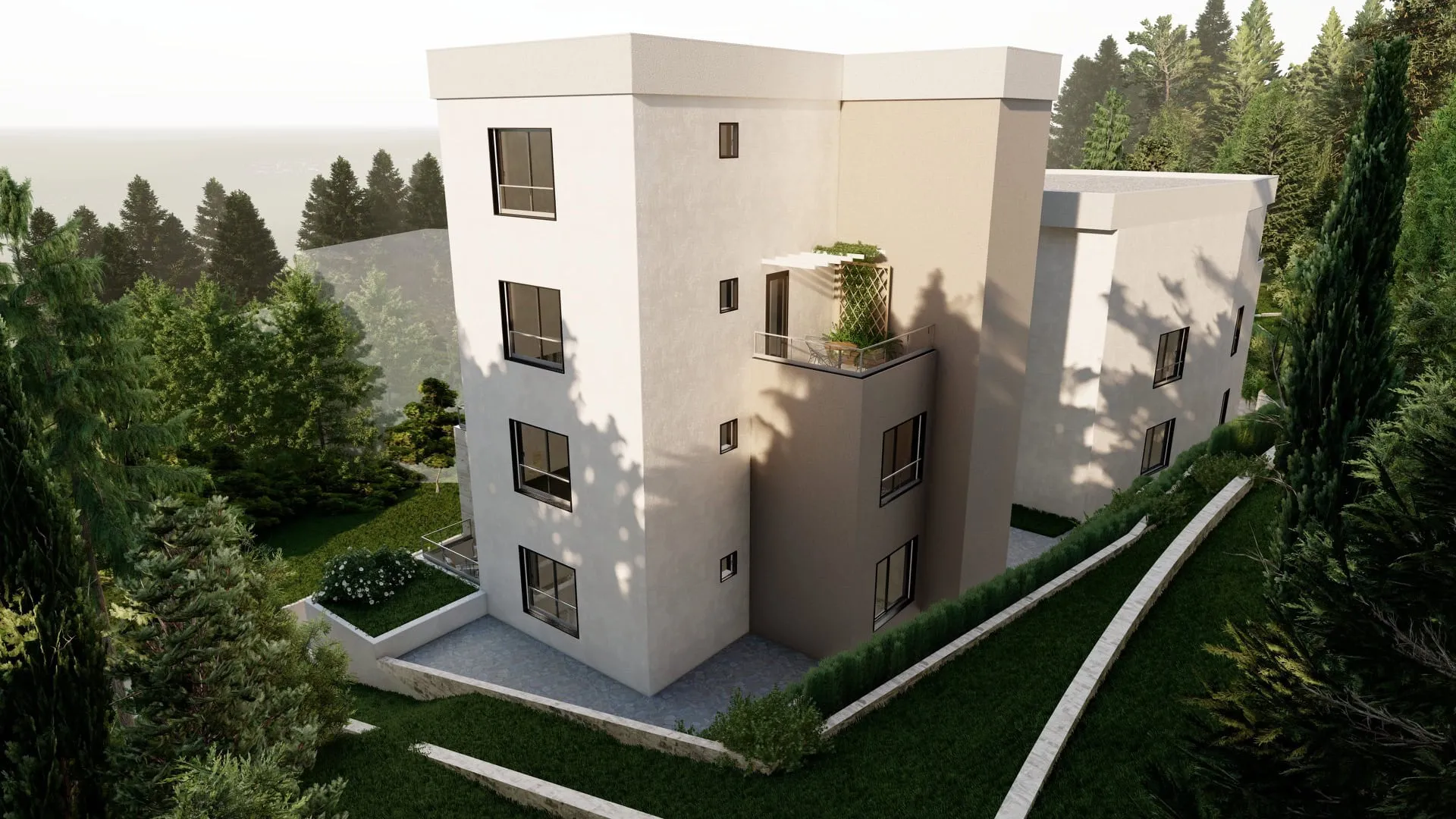 Exterior view of a modern multi-story house on a wooded slope featuring a balcony and terrace.