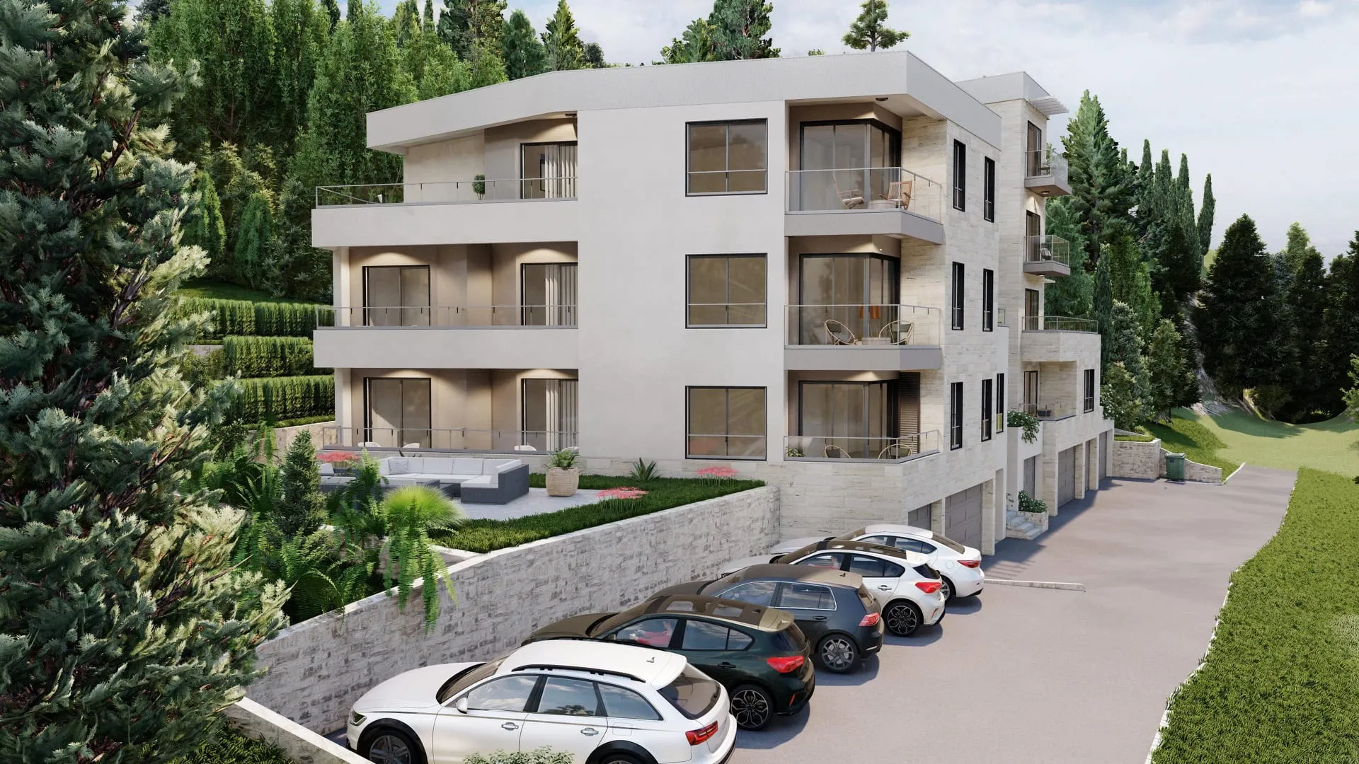 Exterior view of a modern multi-story residential building with balconies, parking area, and surrounding greenery.