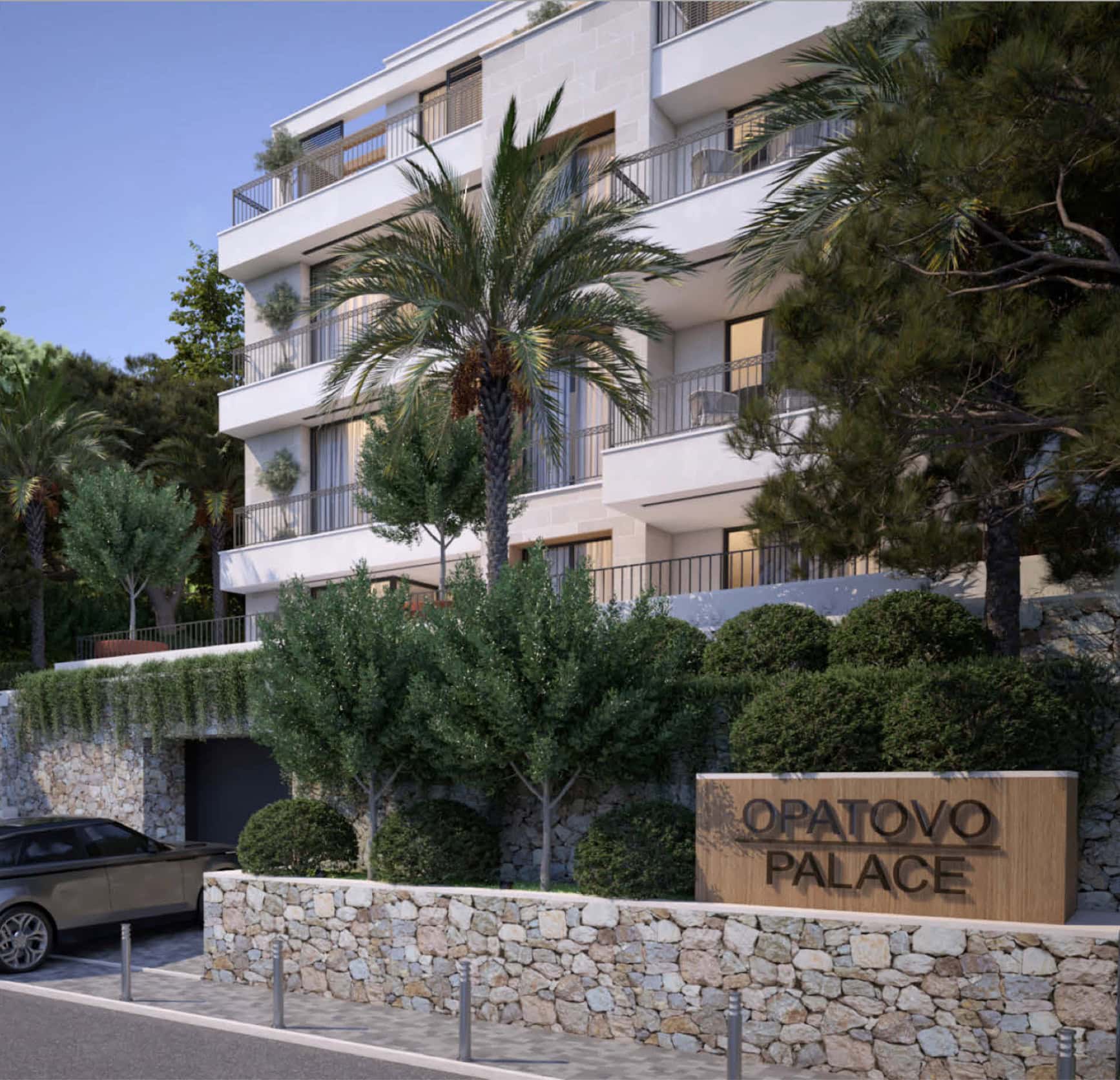 Modern residential complex Opatovo Palace with terraces and stone cladding in Tivat, Montenegro.