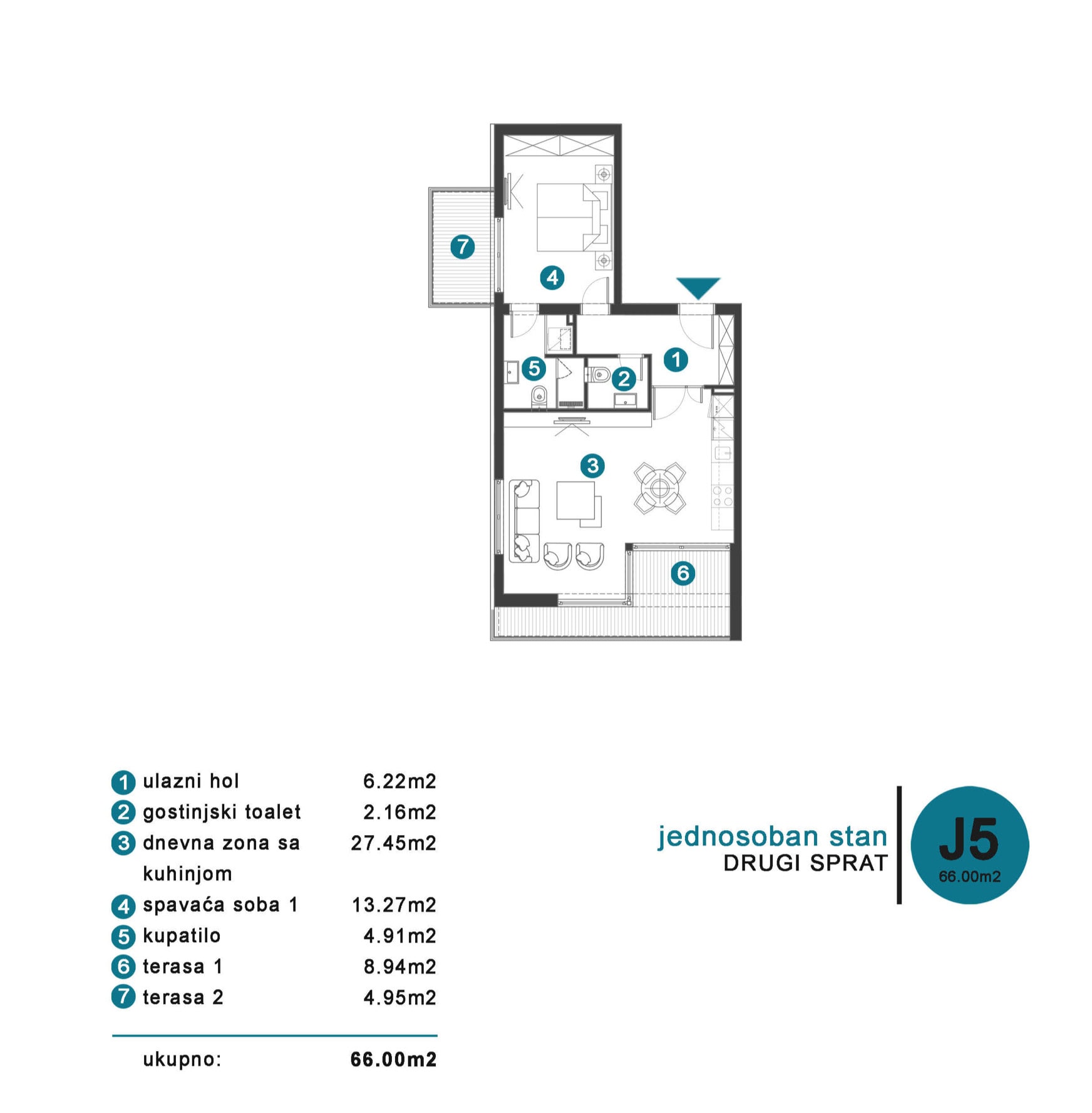Floor plan of a 66 m² apartment with one bedroom and two terraces in a residential complex in Tivat, Montenegro.