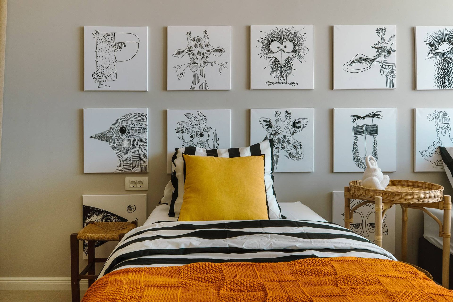 Children's bedroom in a villa in Krašići, Montenegro: single bed, bright decor, and animal paintings on the wall.