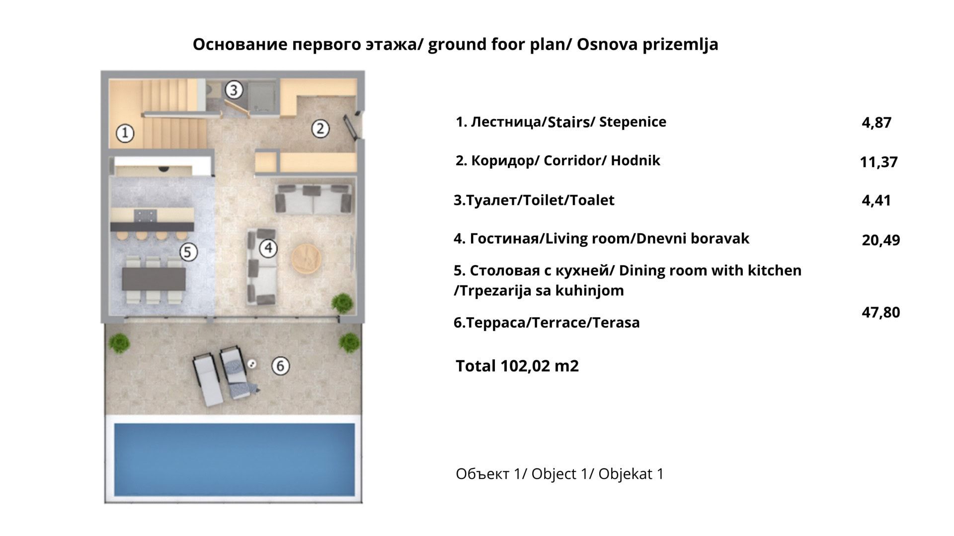 Ground floor layout of a villa in Krašići, Montenegro: living room, kitchen, terrace with a swimming pool, total area 102 m2.