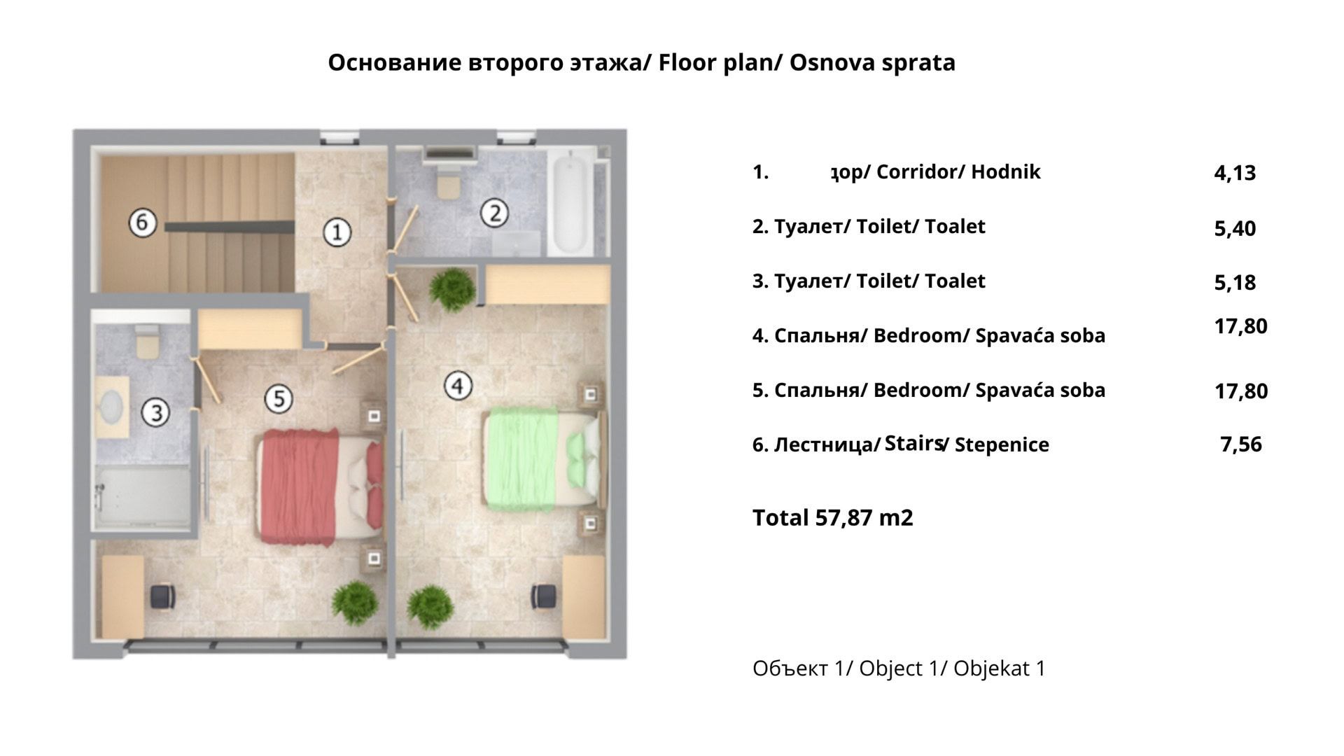 Second floor layout of a villa in Krašići, Montenegro: two bedrooms, two bathrooms, hallway, and staircase, total area 57.87 m2.