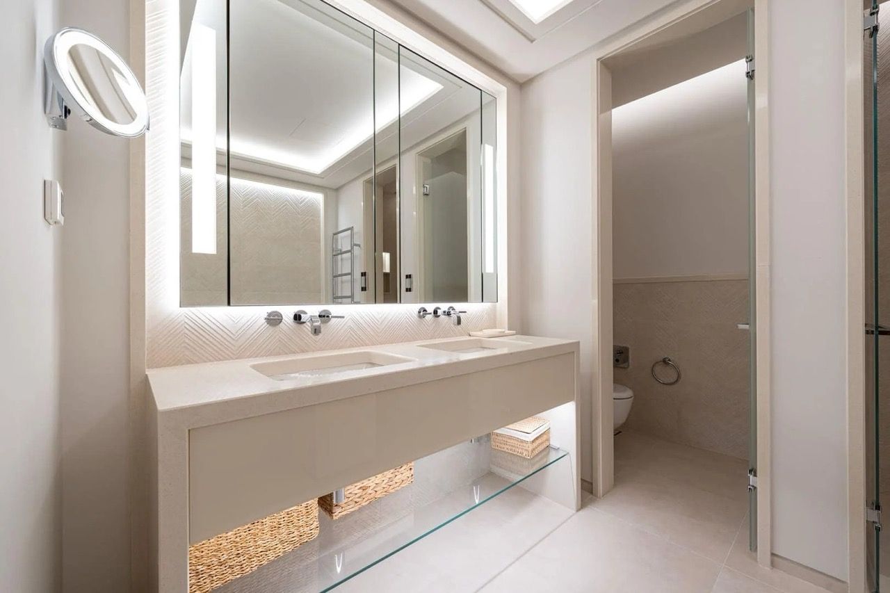 Modern bathroom with a double sink in an apartment in Porto Montenegro, Tivat, Montenegro.