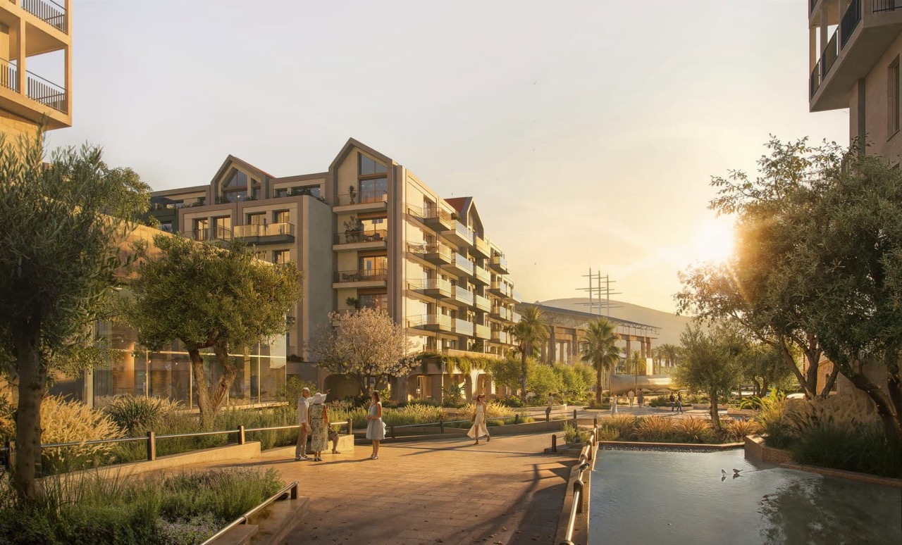 Modern residential complex in Porto Montenegro, Tivat: landscaped grounds with a park and pond in Montenegro.