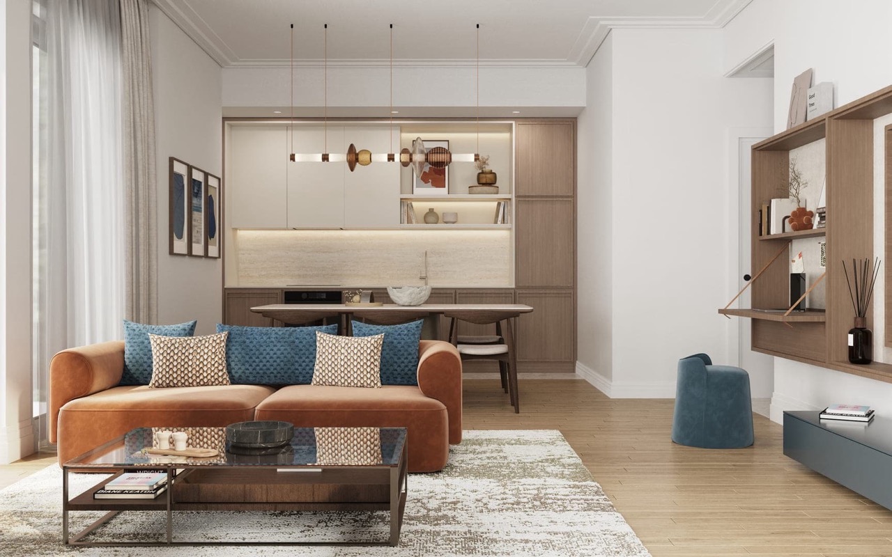 Modern living room with kitchen in an apartment in Porto Montenegro residential complex, Tivat, Montenegro: stylish interior and soft furniture.