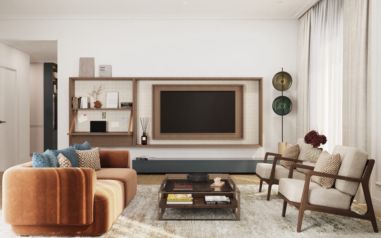 Modern living room in an apartment in Porto Montenegro, Tivat, Montenegro: terracotta sofa, armchairs, and a TV area with decor.