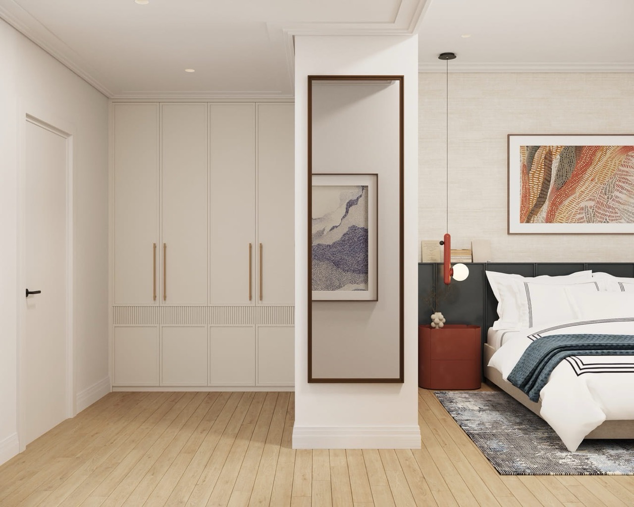 Modern bedroom in an apartment in Porto Montenegro, Tivat: built-in wardrobe, designer bed and decor, Montenegro.