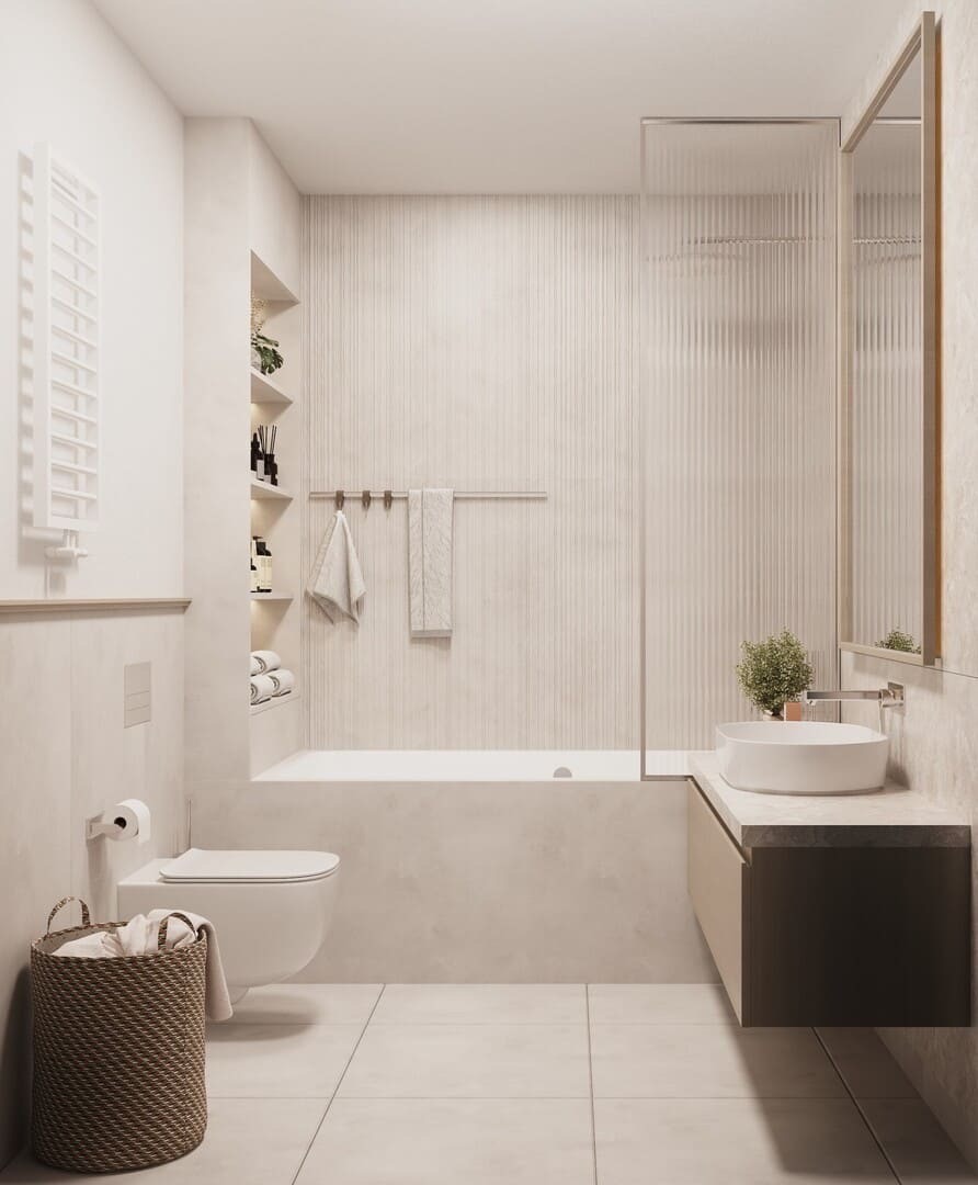 Modern bathroom in an apartment in Porto Montenegro, Tivat, Montenegro: light tiles, built-in bathtub, and niches.