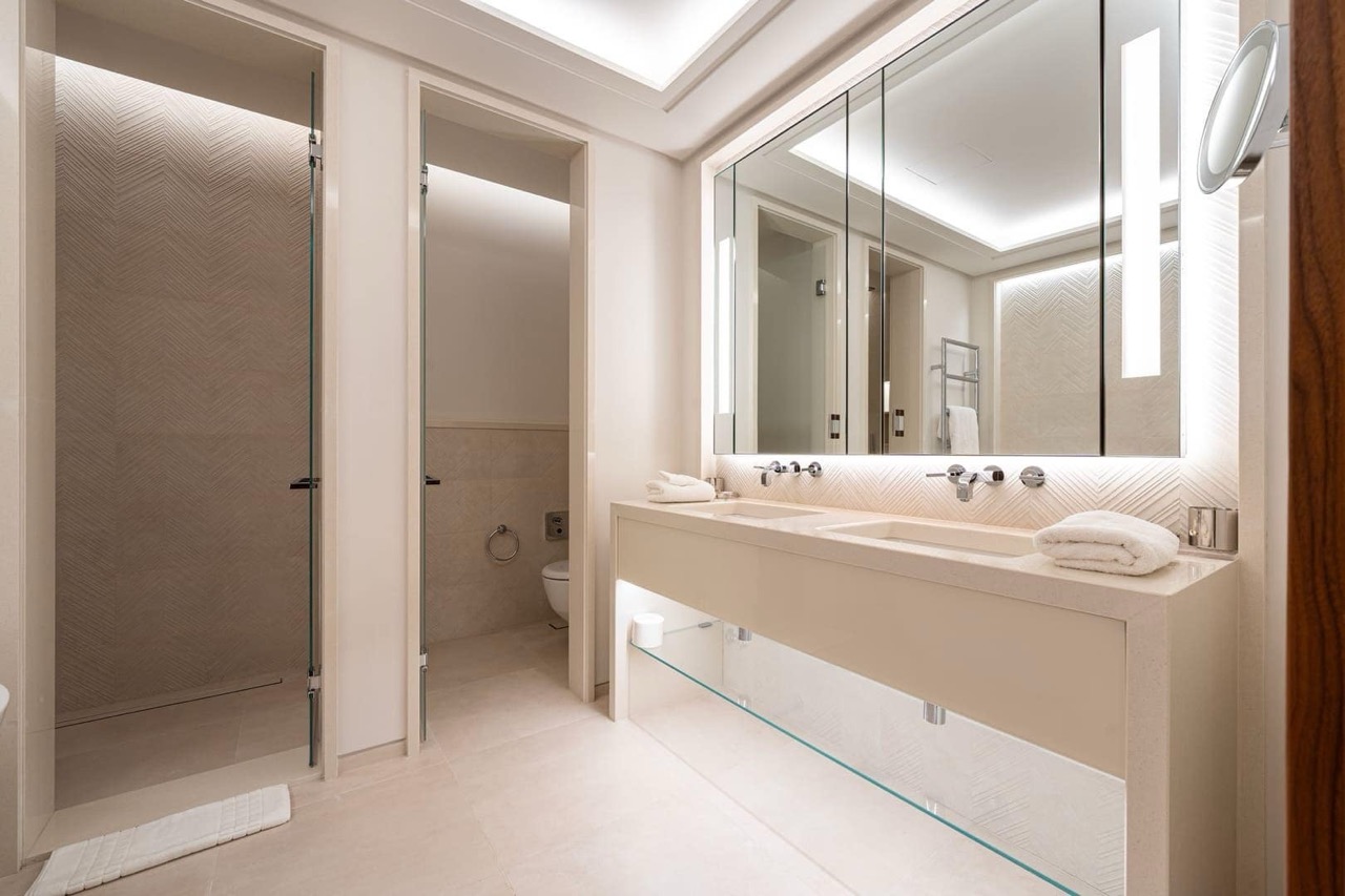 Modern bathroom with a double sink in an apartment in Porto Montenegro, Tivat, Montenegro. Stylish interior.