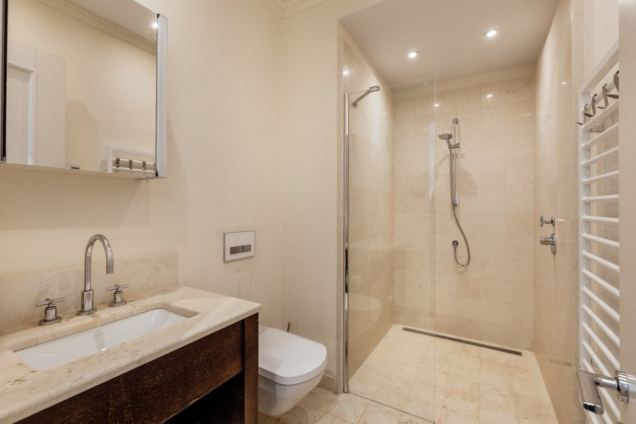 Modern bathroom with a shower cabin in an apartment in Porto Montenegro, Tivat, Montenegro.