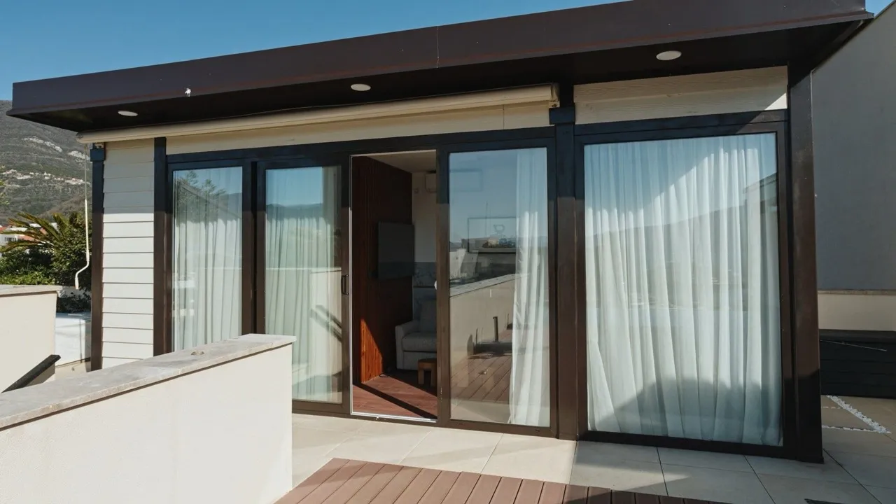 Exterior terrace with wooden decking and large sliding glass doors leading into an interior living space.