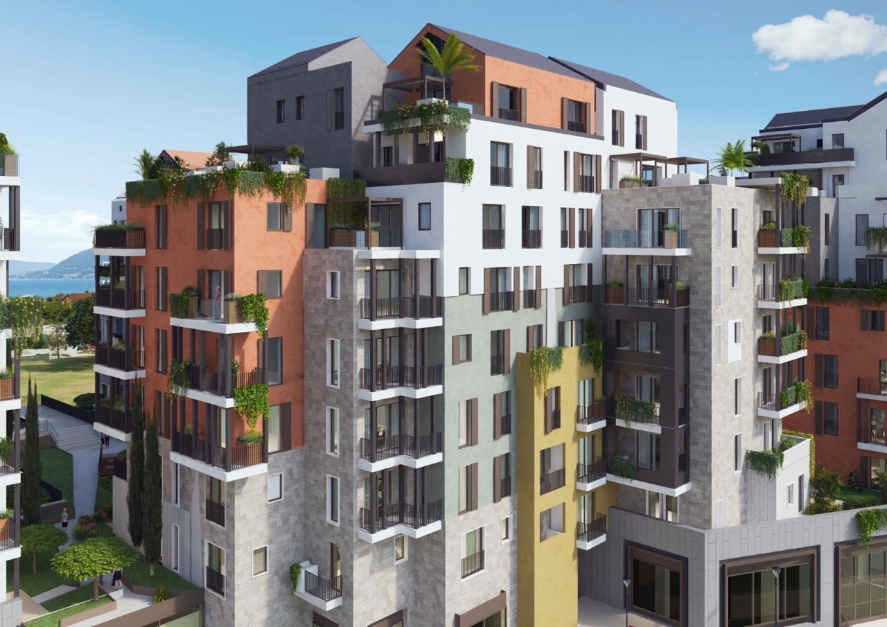 Modern residential complex in Porto Montenegro, Tivat, Montenegro: terraced architecture with sea views.