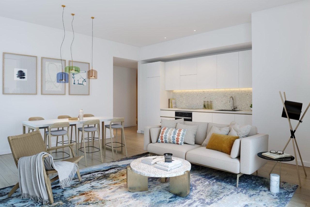 Modern living room with kitchen in an apartment in Porto Montenegro, Tivat, Montenegro: bright interior, designer furniture.