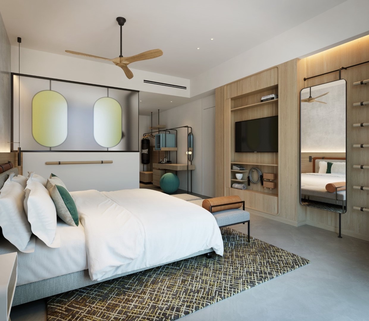 Modern bedroom in an apartment in Porto Montenegro, Tivat, Montenegro: stylish interior, TV area, and workout corner.