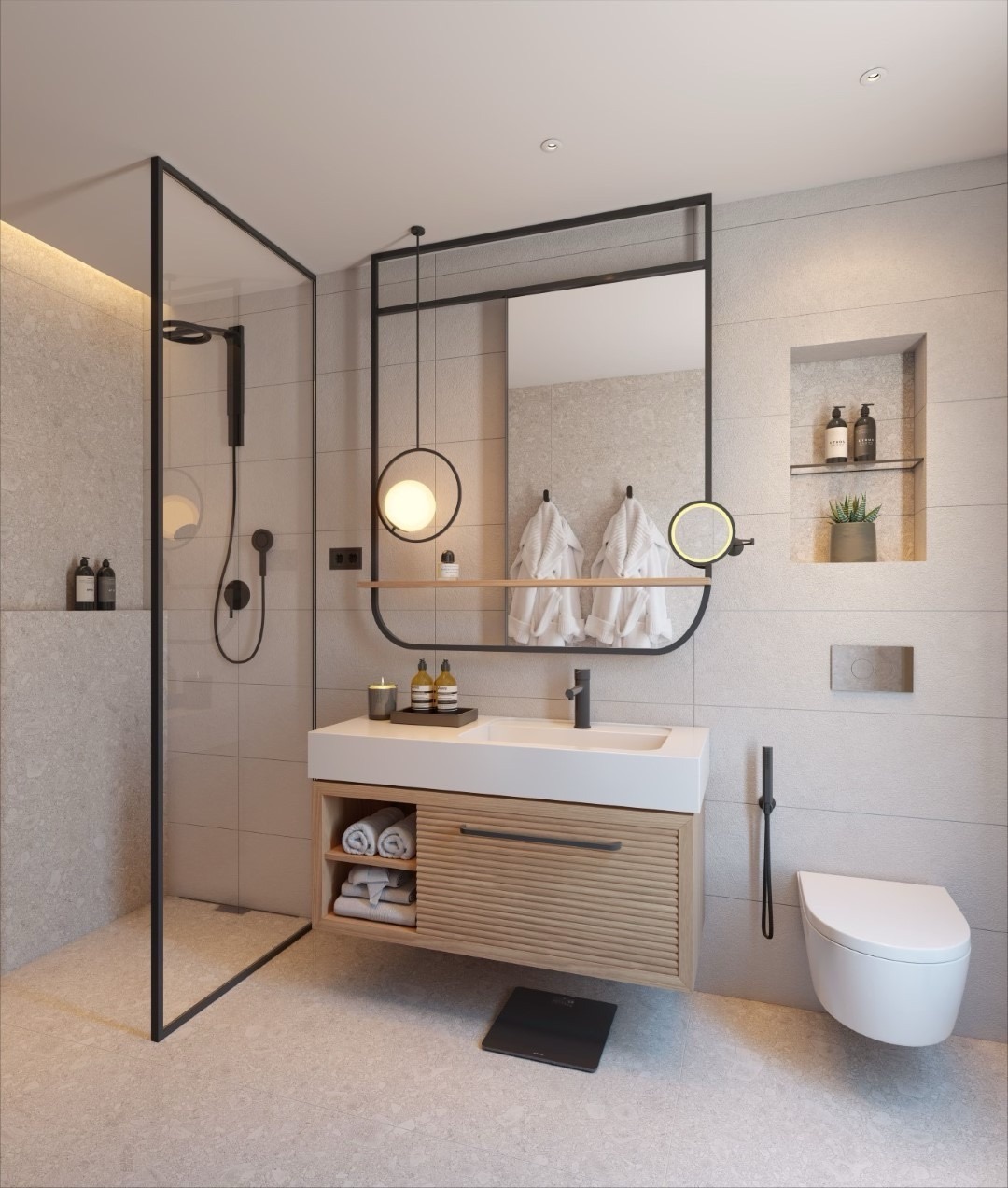 Modern bathroom in an apartment in Porto Montenegro, Tivat, Montenegro: shower, wall-mounted vanity, and decor.