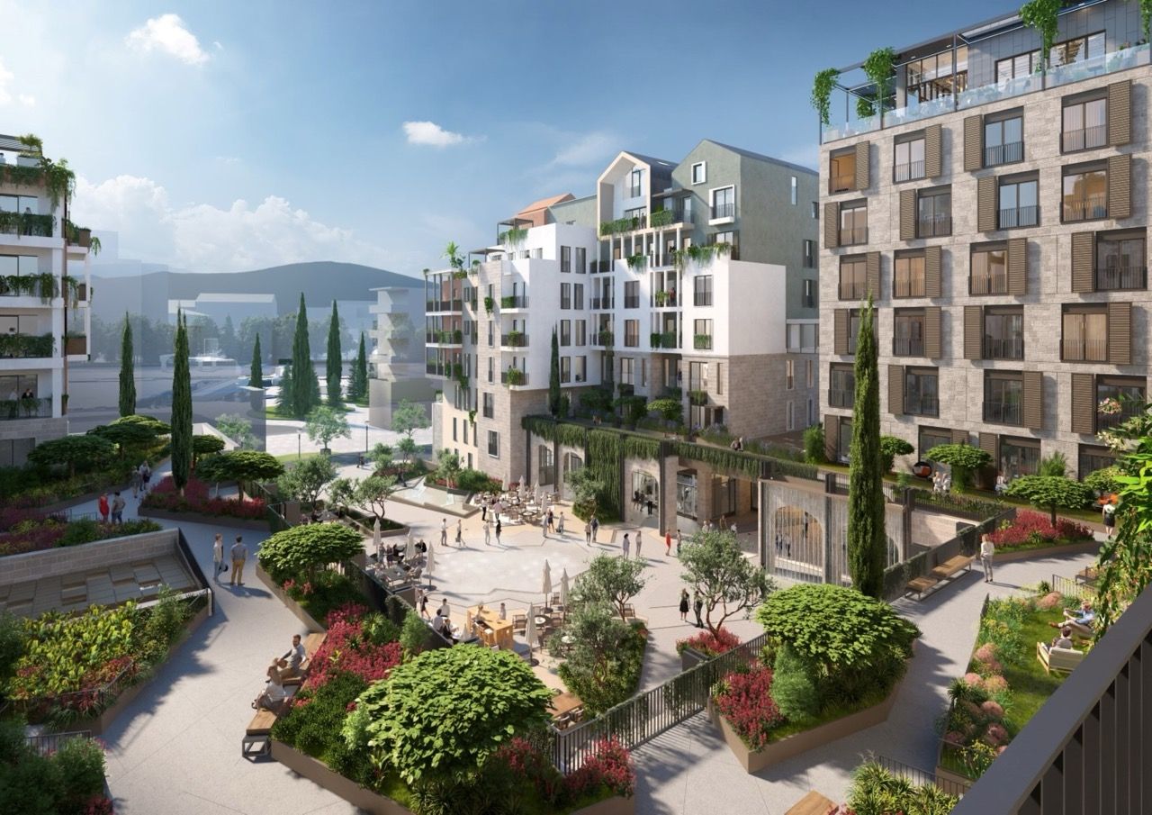 Modern residential complex in Porto Montenegro, Tivat: landscaped grounds with a garden and walking area, Montenegro