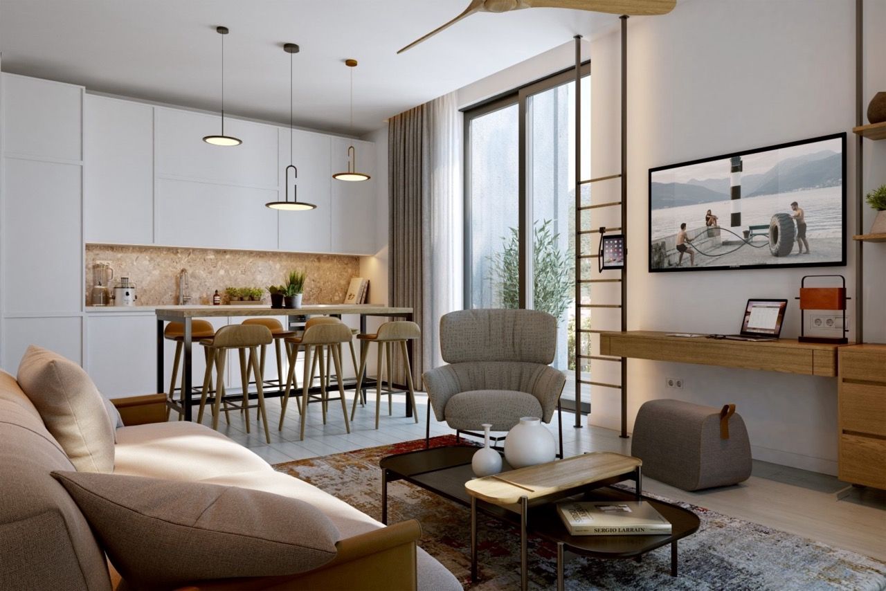 Modern living room with kitchen in an apartment in Porto Montenegro, Tivat, Montenegro: stylish interior, bar counter, and TV.