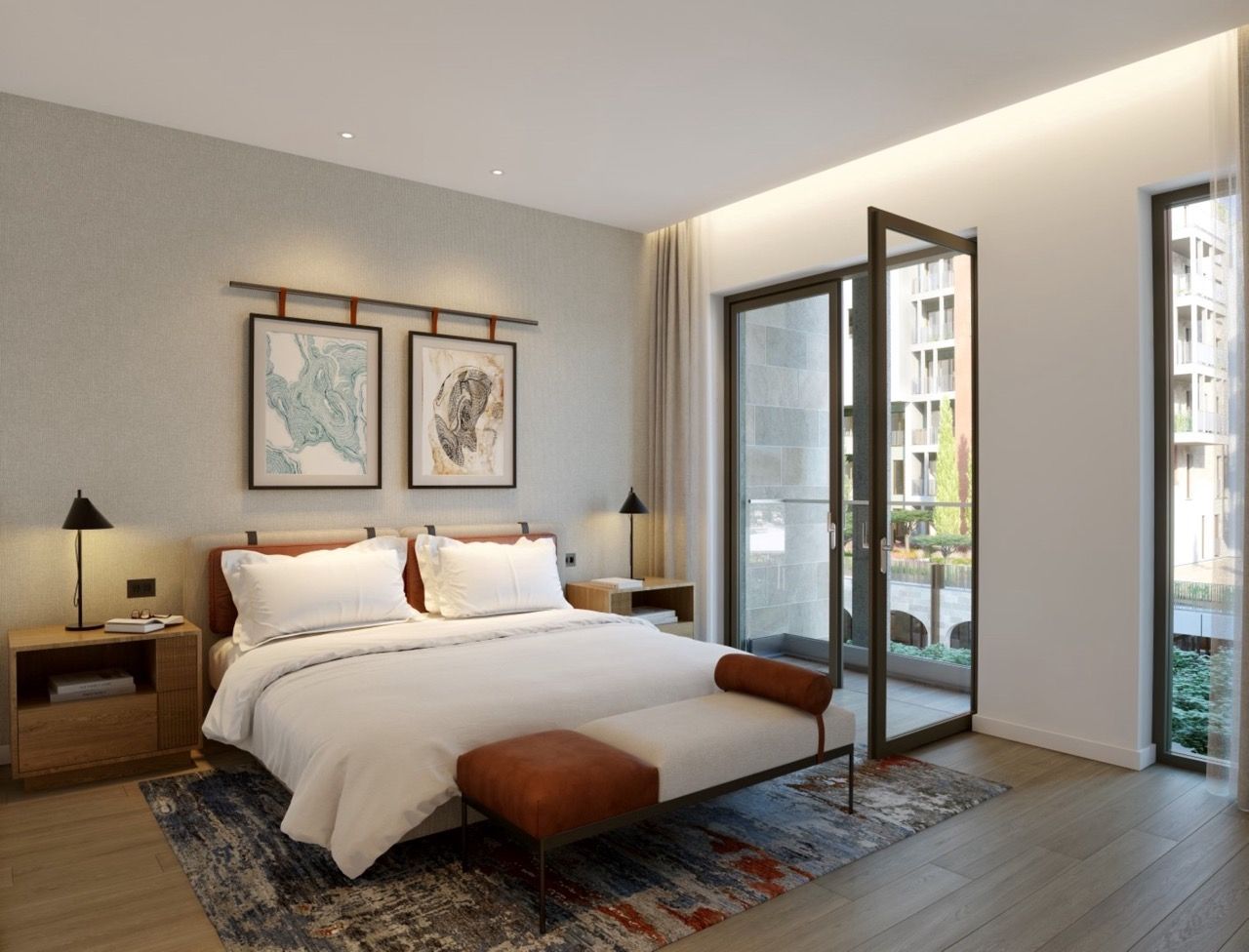 Modern bedroom in an apartment in Porto Montenegro, Tivat, Montenegro: double bed, terrace, and stylish interior.